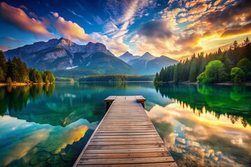 Obraz premium Surreal Wooden Lake Platform Mountain Landscape - Creative Banner with Copyspace