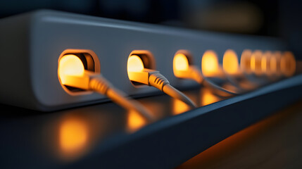 close up of modern surge protector with multiple power outlets and glowing indicators. design showcases functionality and safety in sleek, contemporary style