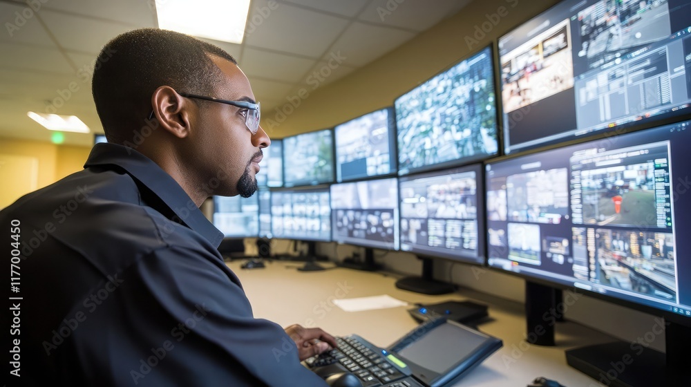 Poster security specialist analyzing data streams on advanced surveillance monitors to identify potential t