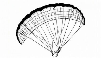 Black and white line art of a ram-air parachute. Ideal for illustrating skydiving, paragliding, or extreme sports. Can be used as a logo or icon.