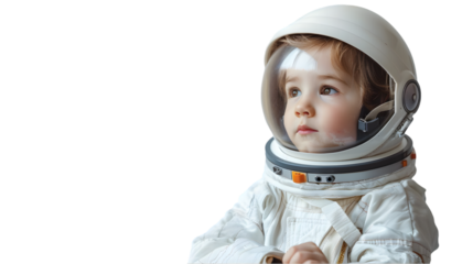 photo of child in a astronaut helmet and uniform isolated on a transparent background