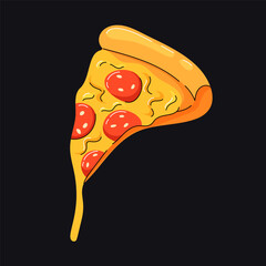 Colorful vector illustration featuring a pizza slice. Playful, hand-drawn doodle style with bold outlines, bright colors, and a dark background.