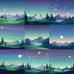 drawn nightscapes capture the serene beauty of nocturnal settings with clean, minimalist designs. These illustrations often feature majestic mountains silhouetted against deep, starlit skies.