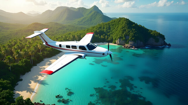 Island Escape: A pristine beach, turquoise waters, and a plane soaring overhead – pure paradise found!
