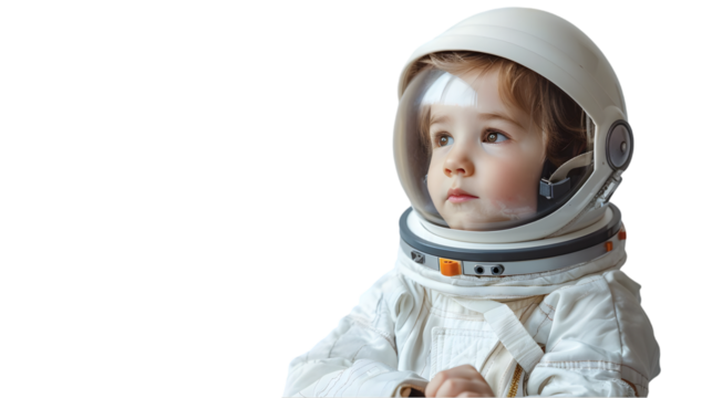 photo of child in a astronaut helmet and uniform isolated on a transparent background