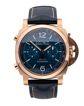Panerai Chronograph, Luminor Flyback model. Self-winding, red gold case. Reference PAM01020. Isolated transparent background. Milan. Italy_ August 26, 2024