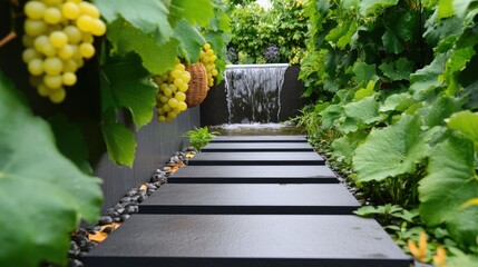 A peaceful waterfall cascades alongside a vine-lined path