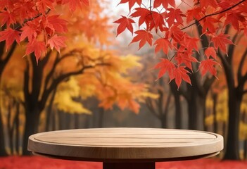 A wooden podium stand with a bunch of red maple leaves scattered around it.
