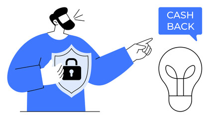 Man holds a shield with a lock symbol, pointing to a light bulb with a speech bubble saying CASH BACK. Ideal for themes of security, innovation, cashback offers, protection, finance, ideas, rewards