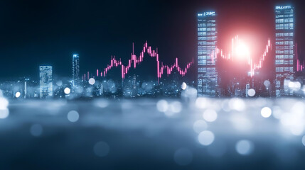 night time urban setting with glowing skyscrapers and stock market data