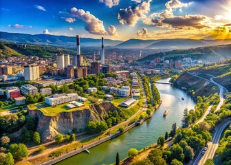 Fototapeta premium Tbilisi Panorama: Drone View of Ortachala Hydroelectric Power Plant & City Skyline
