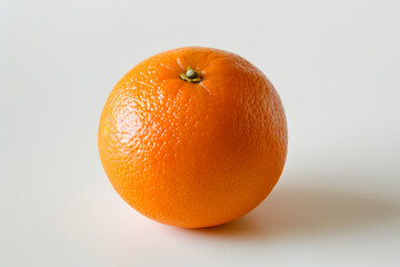 A single orange with a slight sheen, resting on a crisp white surface.