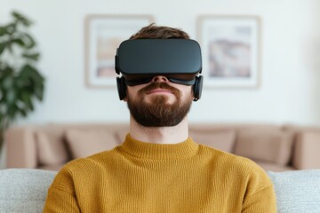 Man wearing VR headset, immersed in virtual reality experience indoors.