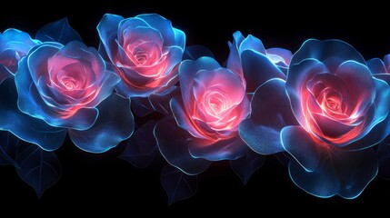 Neon Roses Glow Dark Background Floral Art