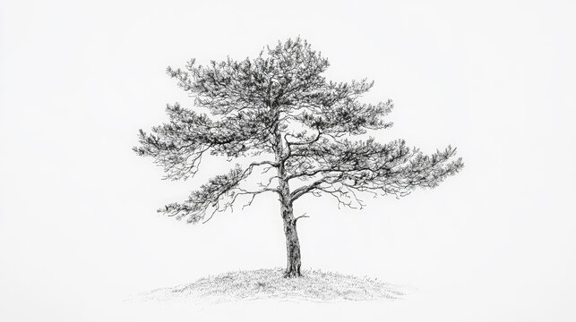A finely detailed black-and-grey illustration of a pine tree, showcasing meticulous realism in its design. Generative AI