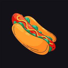 Colorful vector illustration featuring a hot dog. Playful, hand-drawn doodle style with bold outlines, bright colors, and a dark background.