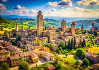 Naklejka premium Tilt-Shift Aerial View of San Gimignano, Tuscany, Italy: Historic Skyline & City Center