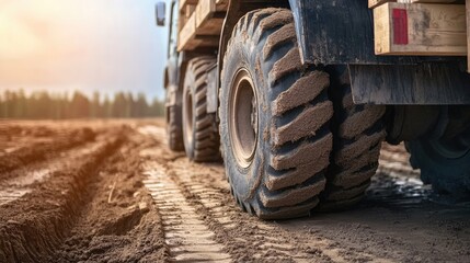 Heavy-Duty Construction Truck on Muddy Terrain at Sunrise