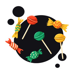 Colorful vector illustration featuring lollipops. Playful, hand-drawn doodle style with bold outlines, bright colors, and a dark background.