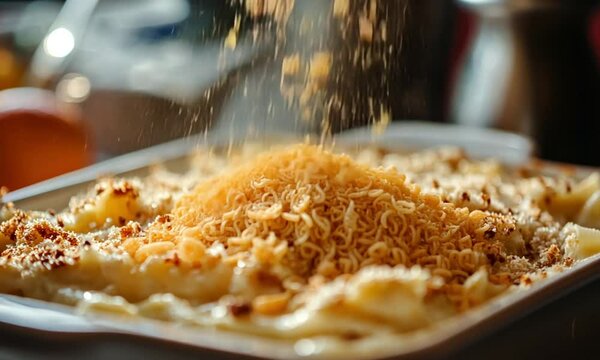 Creamy baked pasta dish with a crunchy breadcrumb topping being sprinkled.
