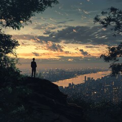 Obraz premium Cityscape Sunset Lone Figure Contemplates Urban Glow