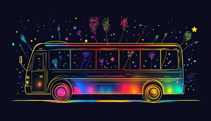 A vibrant neon bus adorned with fireworks embodies festive travel and celebrations. Ideal for party bus services, festival promotions, or travel agencies.