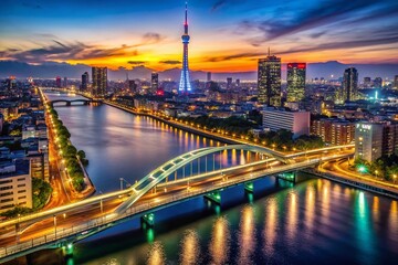 Fototapeta premium Tokyo Night Lights: Train Bridge & Skytree Aerial View