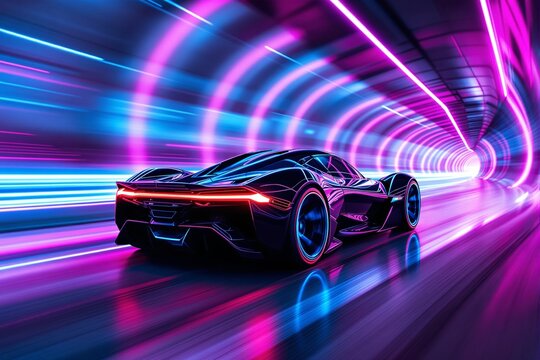 Futuristic black sports car speeding in a neon-lit tunnel with vibrant purple and blue light streaks in motion.