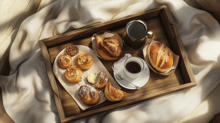 A Delightful Display of Fresh Pastries and Coffee on a Wooden Tray