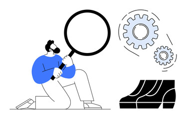 Man kneeling with magnifying glass investigating interlocking gears and stairs. Ideal for themes of problem-solving, analysis, optimization, work process, efficiency, progress, and engineering