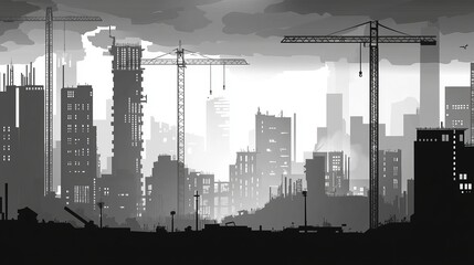 Black silhouette vector illustration of a construction site depicting a modern developing city with skyscrapers cranes and an urban landscape