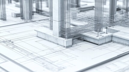 Blueprint of reinforced concrete columns steel reinforcements and foundation slabs representing an unfinished building project 3D illustration