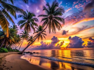 Tranquil Tropical Sunset: Palm Trees Silhouetted Against Vibrant Sky