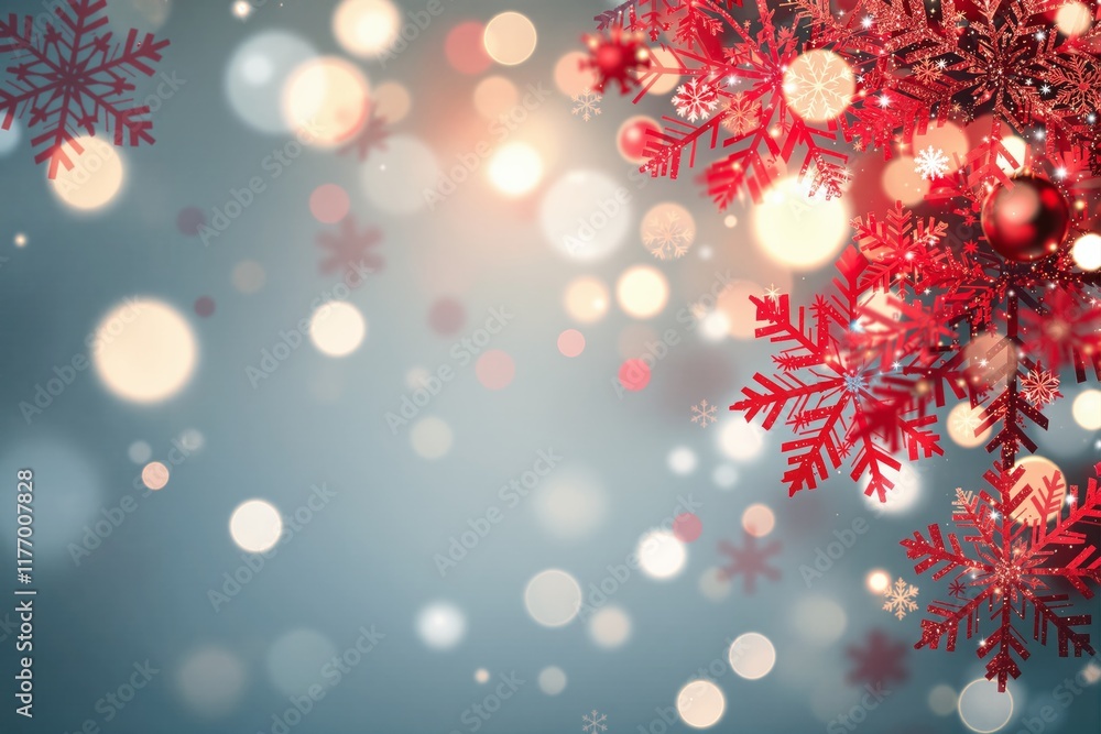 Poster festive red snowflakes with bright bokeh lights on a soft blue background.