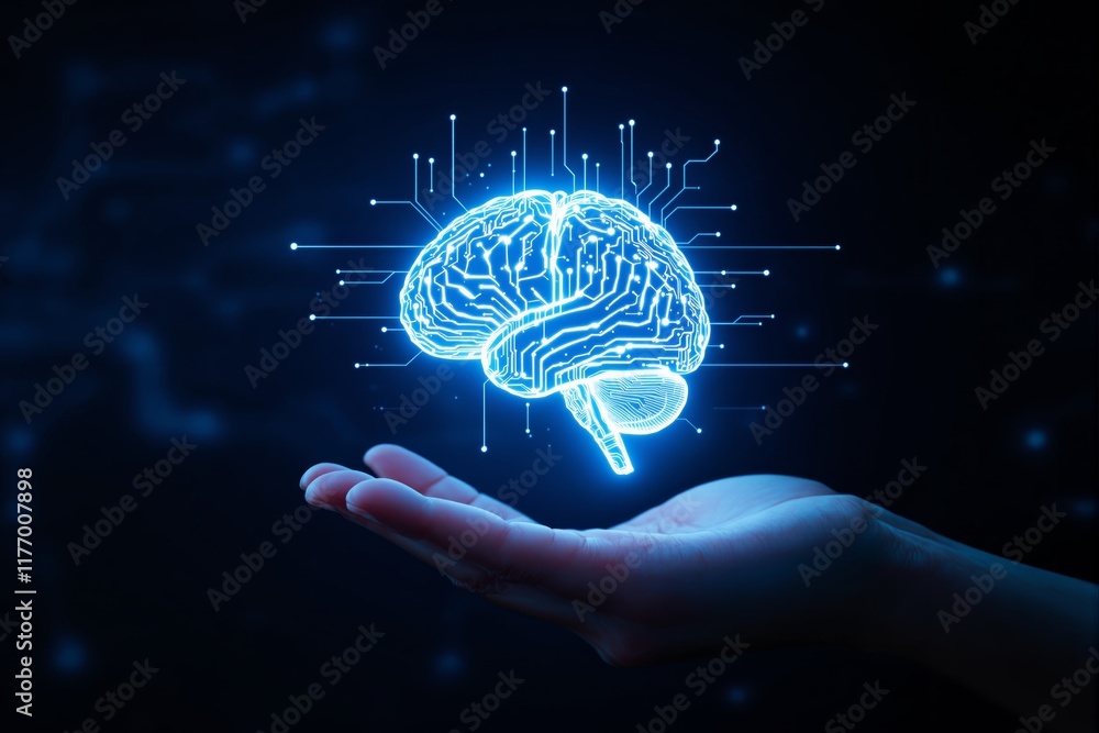 Poster hand holding glowing digital brain with neural network connections on dark background.