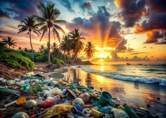 Tropical Island Beach Pollution: Double Exposure of Paradise Lost