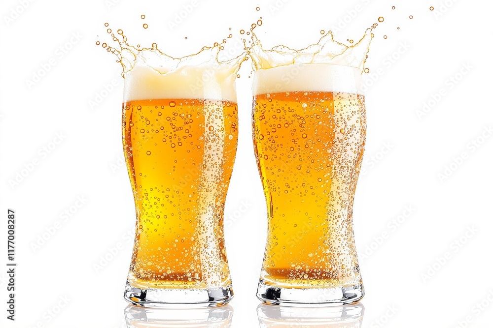 Poster two glasses of beer with frothy tops and splash effects on a white background.