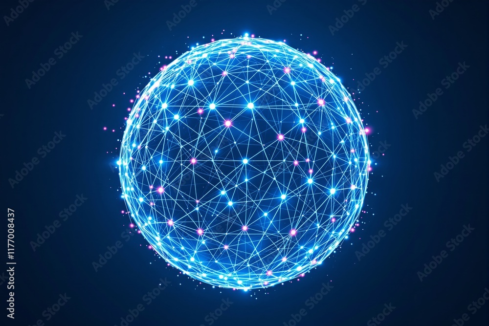 Poster Glowing digital sphere with interconnected network of bright points on a dark blue background.