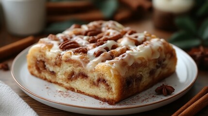 Homemade cinnamon roll cake topped with cream cheese icing and pecans on a rustic wooden table