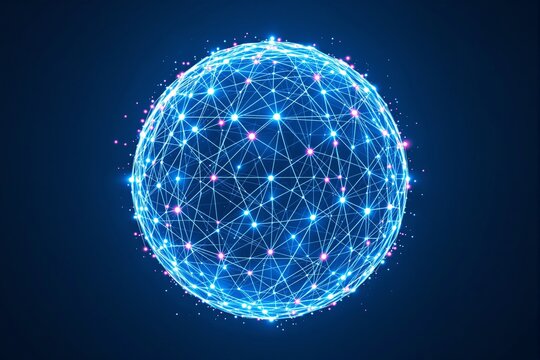 Glowing digital sphere with interconnected network of bright points on a dark blue background.