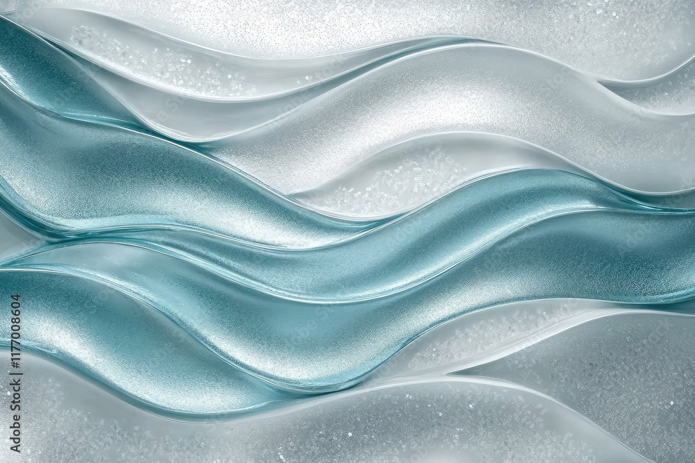 Poster shimmering aqua and silver gradient with soft wave patterns and metallic details, suitable for moder