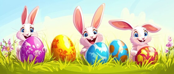 Obraz premium Colorful Easter Bunnies with Decorated Eggs in Vibrant Spring Meadow