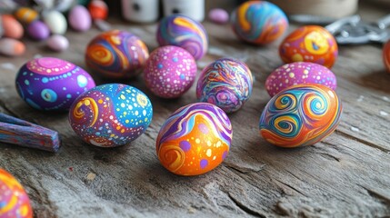 Fototapeta premium Vibrant Easter eggs with abstract swirls and dots, scattered around a rustic wooden surface with craft supplies nearby