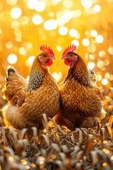 Golden Hour Hen Duo: Vibrant Chickens in Sunny Farm Landscape