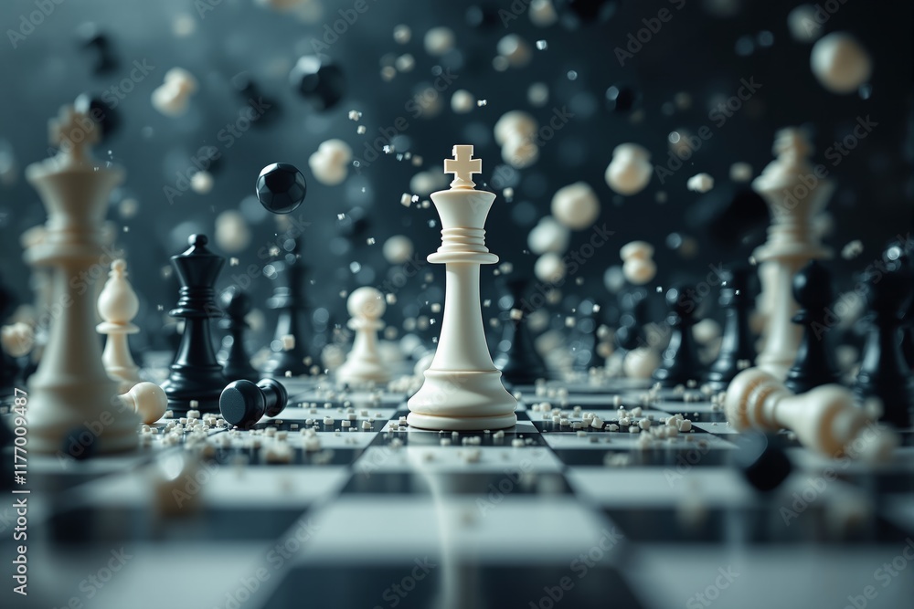 Poster Chess pieces in motion on a chessboard with dramatic lighting and scattered particles.