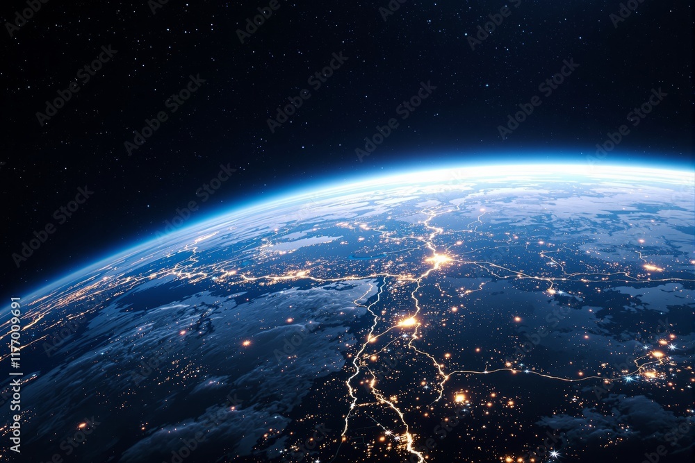 Poster view of earth from space at night with illuminated cities and glowing networks visible on the surfac
