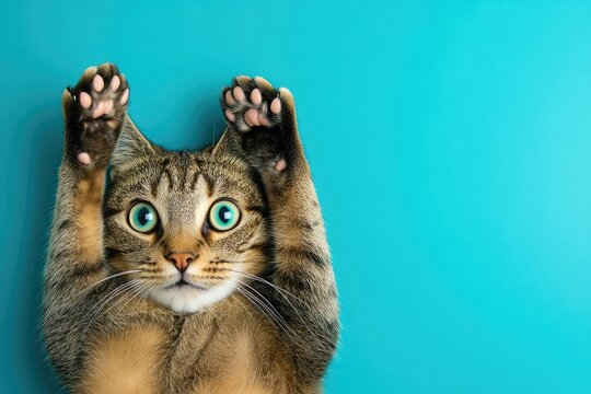 Shocked cat with paws on head, set against a vibrant blue background with ample copy space.