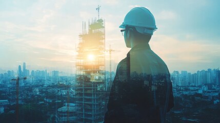 Double exposure of a manager and engineering team viewed from the back overlooking a construction building project with a cityscape background suitable for panoramic headers