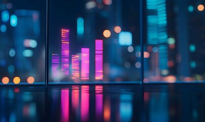 Fototapeta premium City lights behind glass. Chart reflects on floor.