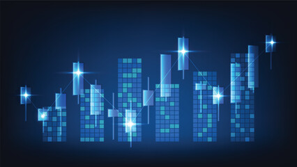 business finance background with bar graph and candlesticks chart with blue glowing light